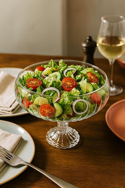 MODA OZY Handmade Large Size Glass Salad Fruit Cookie Pasta Presentation Bowl with Feet Transparent 23 cm