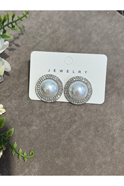 BEREN KILIÇ Öğretmenler Günü Hediyesi Silver Ortası İncili Kenarları Zirkon Taşlı Yuvarlak Çelik Küpe