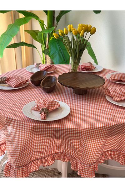 Decamor home Thin Linen Fabric Orange Mini Gingham Ruffled Round Orange Table Cloth