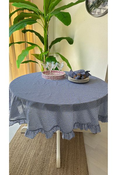 Decamor home Thin Linen Fabric Navy Blue Mini Gingham Ruffled Round Table Cloth