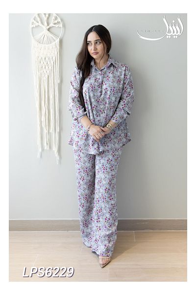 LINELLE Co-ord Set - Grey Satin with Multicolor Floral Print.