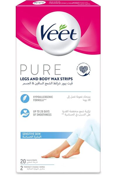 Veet شرائح شمع نقية لإزالة شعر الساقين والجسم للبشرة الحساسة، 20 شريحة