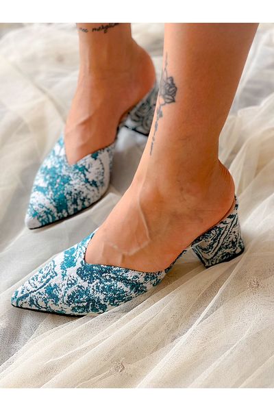 BERFONA Oasis Green Linen 5 cm Heel Slippers