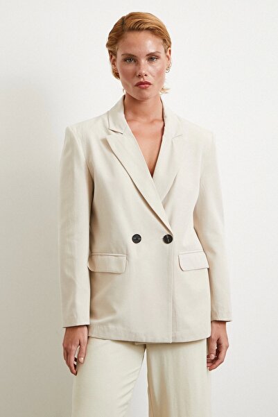 Never more Double Button Linen Blazer Jacket Cream