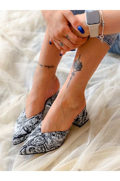 BERFONA Oasi̇s Black Gray Linen 5 cm Heel Slippers