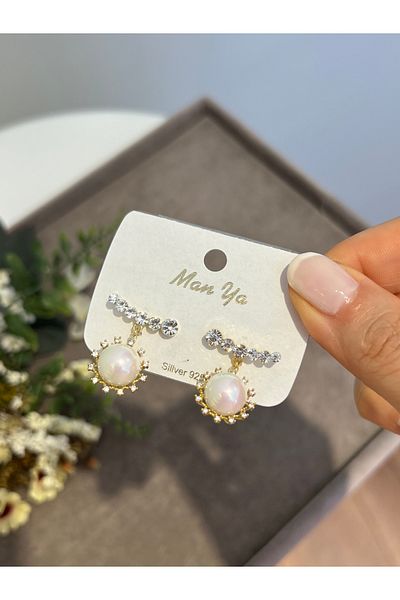 BEREN KILIÇ Gold Pearl Stone Steel Earrings