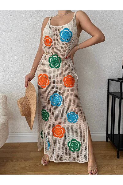 MT CLUB Kadın Renkli Çiçek Desenli Tığ İşlemeli Plaj Elbisesi