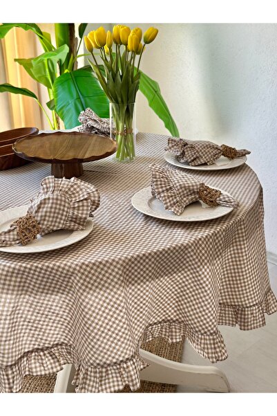 Decamor home Thin Linen Fabric Beige Mini Gingham Ruffled Round Tablecloth (Napkin Not Included)