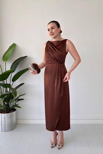 MaziButik Απλό Στάμπα Φόρεμα Καφέ