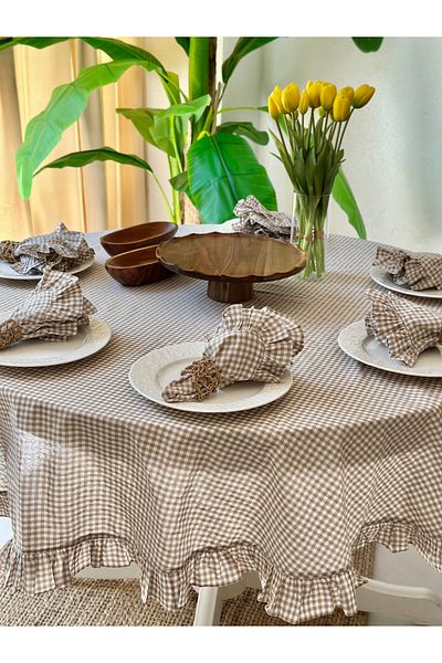 Decamor home Thin Linen Fabric Beige Mini Gingham Ruffled Round Table Cloth