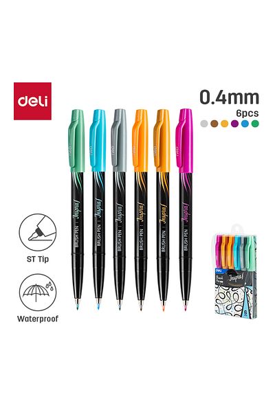 Deli EU304 Brush Pens Soft Tip, 6 Colors – ideal for hand lettering and creative art