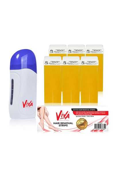 Viva Professional Wax Heater Kit with 6 Wax Cartridges and Hair Removal Strips, Blue and White