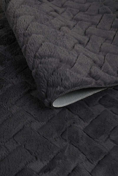 Myevilla Patterned Rabbit Hair Soft 2-Piece Bath Mat – Non-Slip Base Toilet Seat Set Anthracite