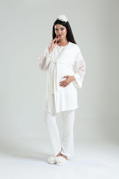Lohussa Ecru Foil Patterned Special Design 100% Cotton Summer Maternity Maternity Dressing Gown Pajama Set Set