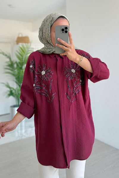 Ka Hijab Πουκάμισο με κέντημα με μοτίβο λουλουδιών - Claret Red