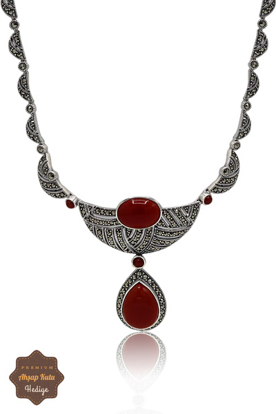 Midyat Nurtaş Gümüş Akik Taşlı Sallantılı Damla Model Markazit Taşlı Gümüş Ka...