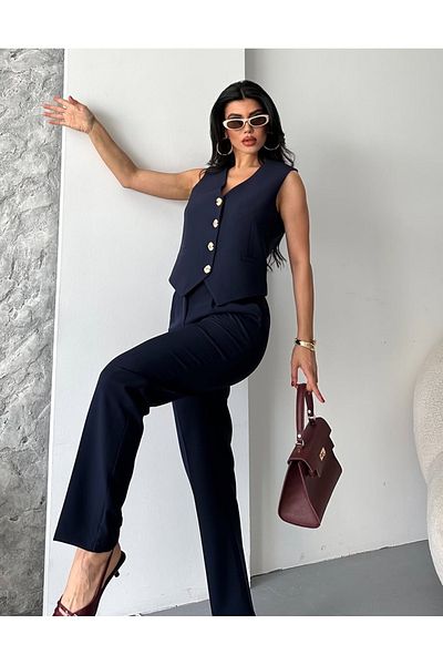 pembekurdelem Women's Flower Button Detailed Classic Vest Trousers Suit Navy Blue
