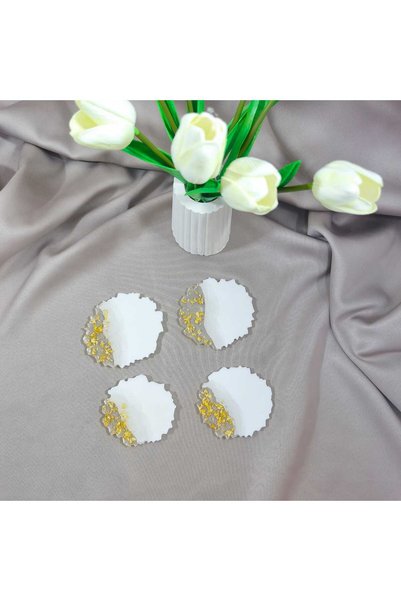 Demet Art Studio Reçineye Hayat Veriyoruz Wavy Edge Gold Foiled White Set of 4 Coasters – Luxury Gift Set
