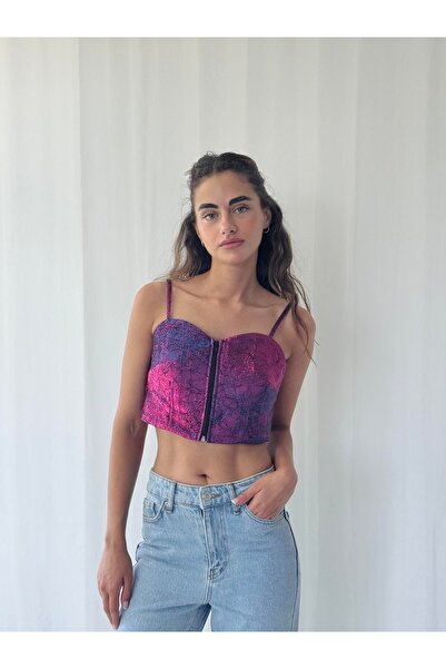 Retrobird Design Front Zipper Bustier Women's Fuchsia