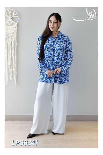 LINELLE Co-ord Set - Solid White Pants & Leaf Printed Blue Shirt in Satin Blend.