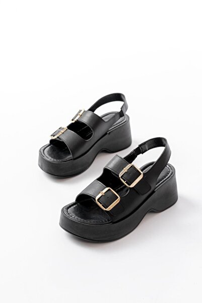 Aymood 24414-572 Black Buckle Daily Wedge Heel Women's Sandals