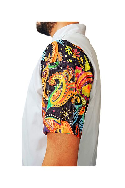 Ant Rotagrup Üniforma ve İş Elbiseleri Chef Jacket Patterned Unisex Snap Fastener Short Sleeve Chef Cook Kitchen Jacket Ethnic Patterned