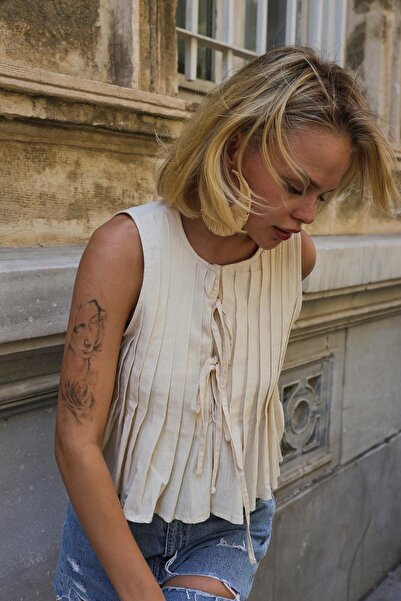 Le Savu Shılsee Γυναικεία Λινό Πλισέ Μπλούζα με Δέσιμο Μπροστά Πέτρα Χρώμα