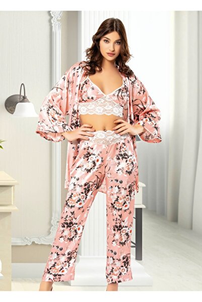 Viselya Σετ πιτζάμες 3 τεμαχίων με σατέν ρόμπα και λουλουδάτο σχέδιο