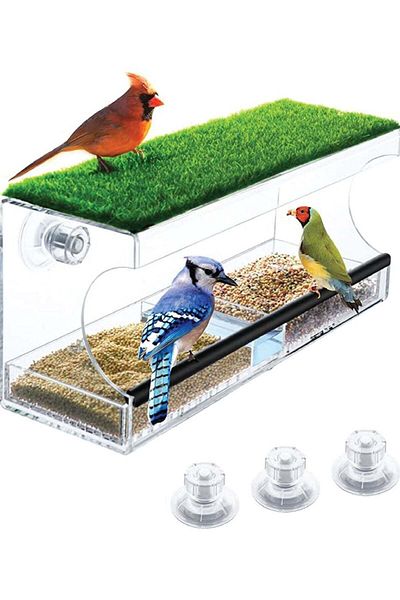 SMARTPOINTS Large Window Bird Feeder with Artificial Grass, Wild Acrylic Bird Feeder with 3 Strongest Screw Suct