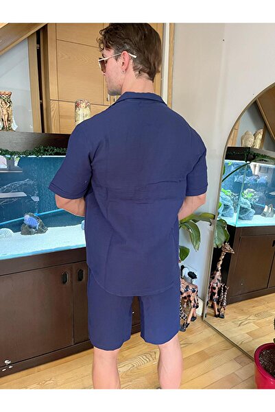 Pubblica Men's Navy Blue Muslin Fabric Bottom-Top Set