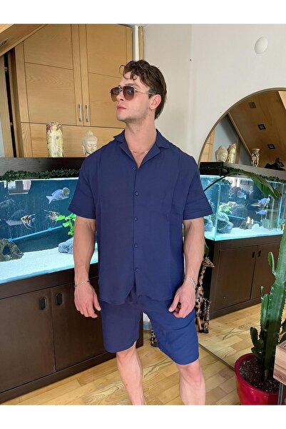 Pubblica Men's Navy Blue Muslin Fabric Bottom-Top Set