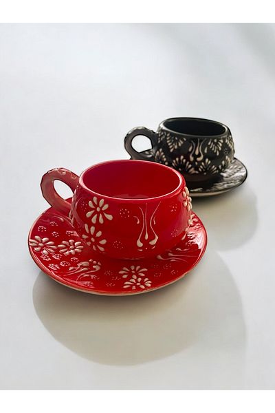 Artistic Quality Decorative Stylish Design Fully Handmade Red and Black 2 Person Coffee Cup