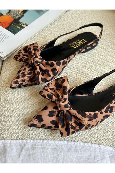 ERVANIN BUTİĞİ Leopard Satin (Miva) Ribbon Detail Elastic Women's Ballerinas