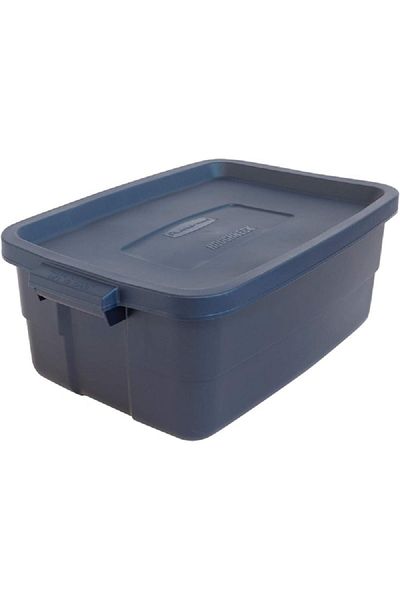 RUBBERMAID Roughneck Stackable Rectangular Tote Storage Box Navy Blue 37.8 Liter
