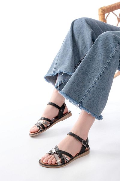 Aymood 205-093 Black Garni Genuine Leather Orthopedic Sole Women's Sandals