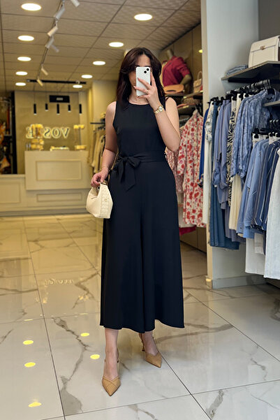 Vosse Mi Siyah Sıfır Kollu Kuşaklı Midi Boy Tulum