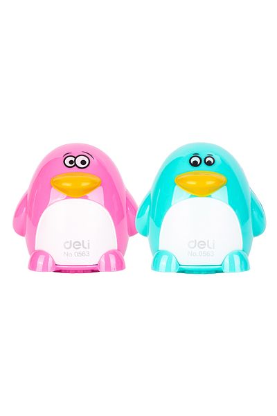 Deli Deli E0563 2-Hole Penguin Pencil Sharpener with Canister–ideal for school & creative use