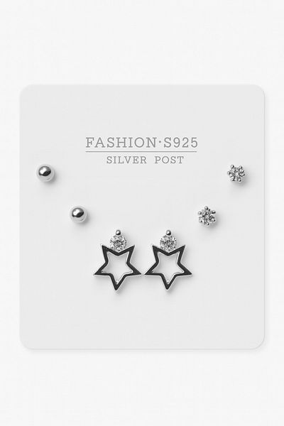 MakeWell Blackening 925S Silver Needle Star Design Gold and Silver Plated Solitaire Earrings Set of 3