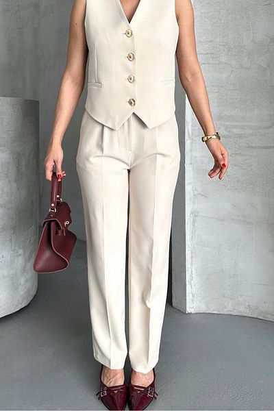pembekurdelem Women's Flower Button Detailed Classic Vest Trousers Suit Stone