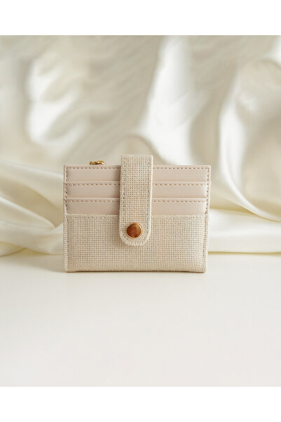 Aura Collection Online Sira Kartlık Detaylı Hasır Cüzdan - Krem Rengi