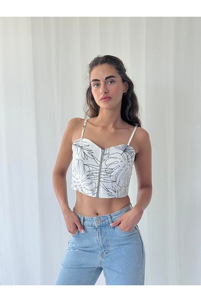 Retrobird Design Front Zipper Bustier Women White