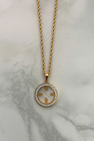 DARENT COLLECTİON Gold Renkli Yuvarlak Çelik Kolye – Kristal Taş Detaylı, Çey...