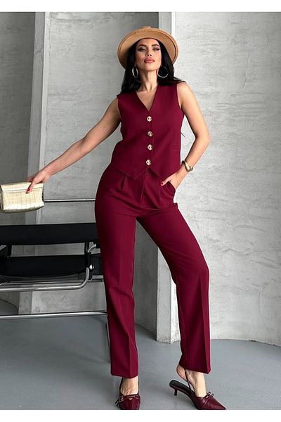 pembekurdelem Women's Flower Button Detailed Classic Vest Trousers Suit Burgundy