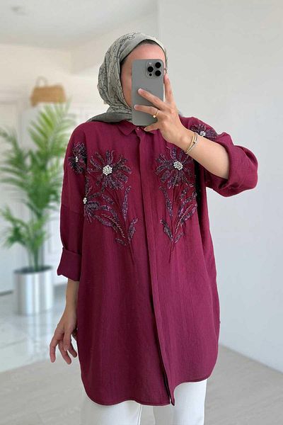 Ka Hijab Πουκάμισο με κέντημα με μοτίβο λουλουδιών - Claret Red