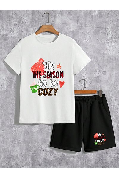 Frisson تي شيرت / شورت مريح برقبة دائرية من القطن الأبيض للجنسين مطبوع عليه "The Season"