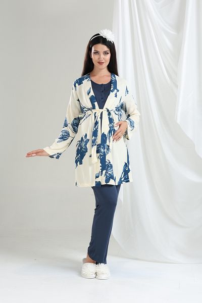 Lohussa Navy Blue Patterned Special Design 100% Cotton Summer Woven Maternity Maternity Dressing Gown Pajama Set Set