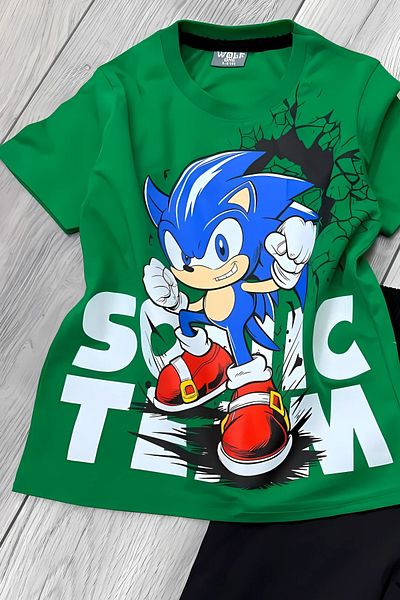Sonic Printed Green T-Shirt and Black Shorts Summer Kids Set