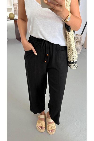 Sezgi Tekin Black Elastic Waist Linen Bohemian Trousers