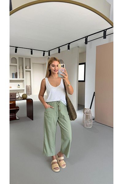 Sezgi Tekin Khaki Elastic Waist Linen Bohemian Trousers