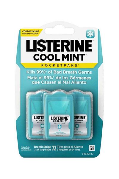 Listerine Cool Mint Pocketpaks Breath Strips, 3 Pack, 24 Strip (72 Count)